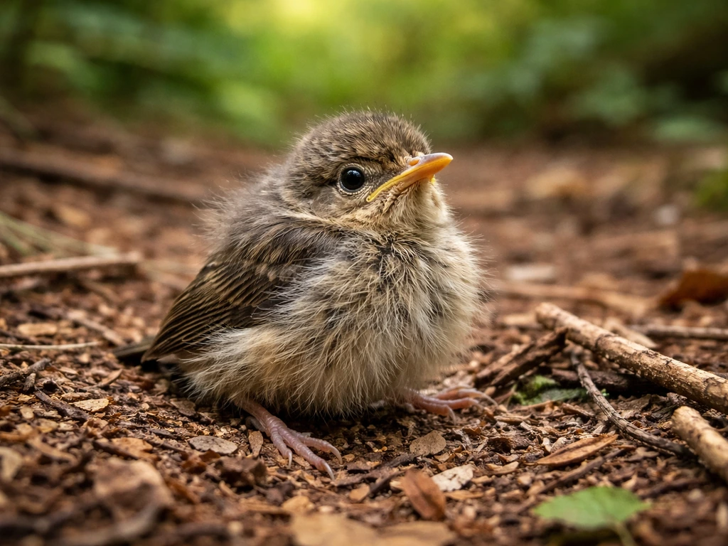 A scruffy fledgling with mixed down and feathers sitting alert on the forest ground