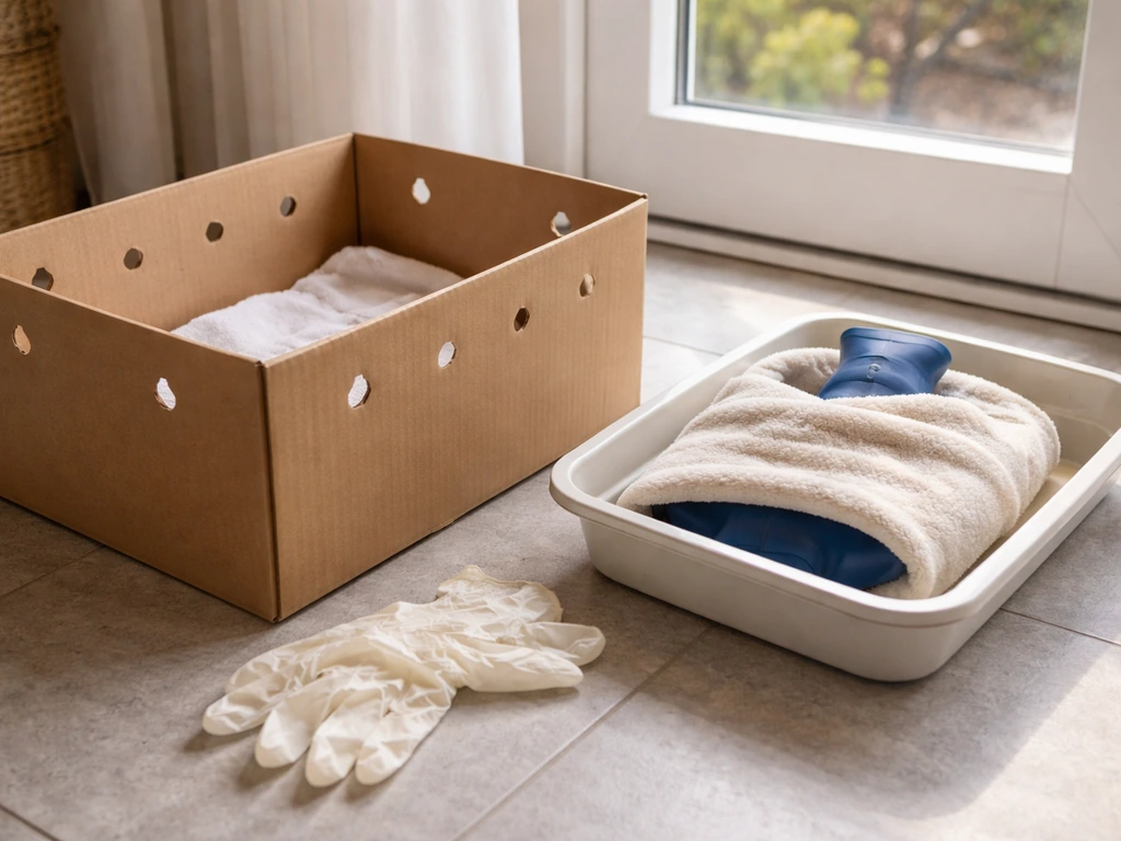 Simple home first-aid setup for an injured bird: ventilated cardboard box, cloth, gloves, and safe heat source.