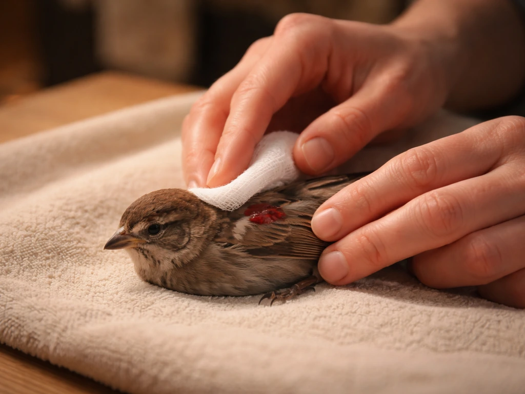 Hands gently press clean gauze on a small bird’s wing in a warm, dim room.
