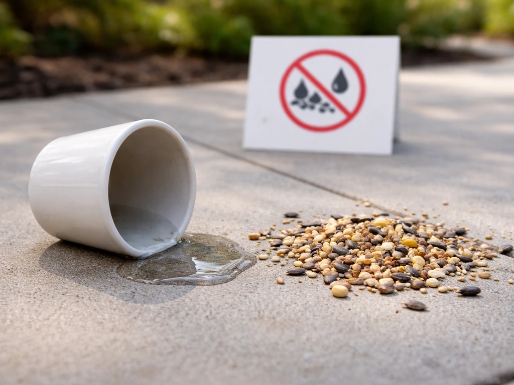 Close-up of empty bird food and water items placed aside with a visible caution note nearby.