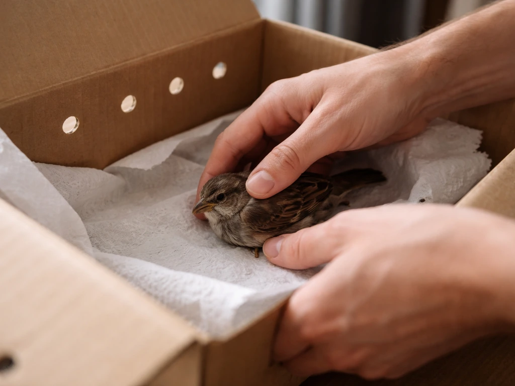 Anonymous hands carefully placing an injured bird into an air-ventilated cardboard box