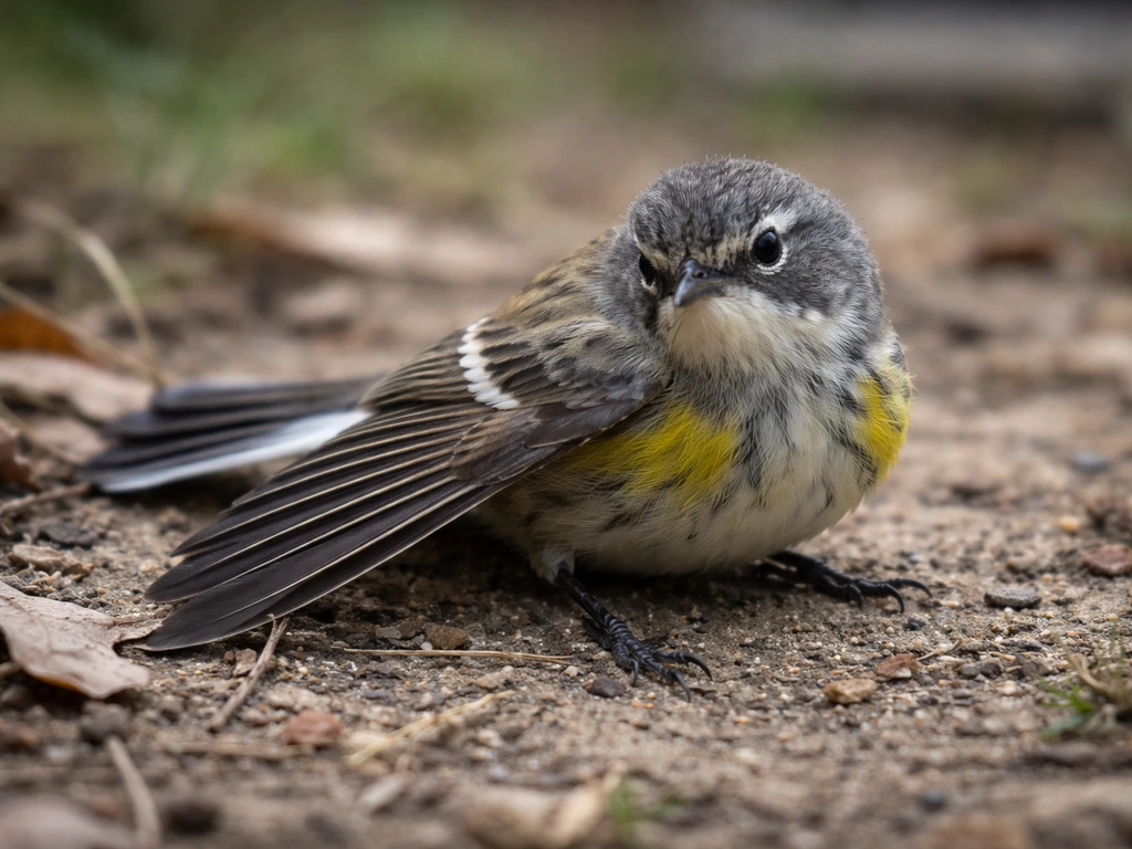 Small bird on the ground with one wing held lower and slightly dragging, injured posture.