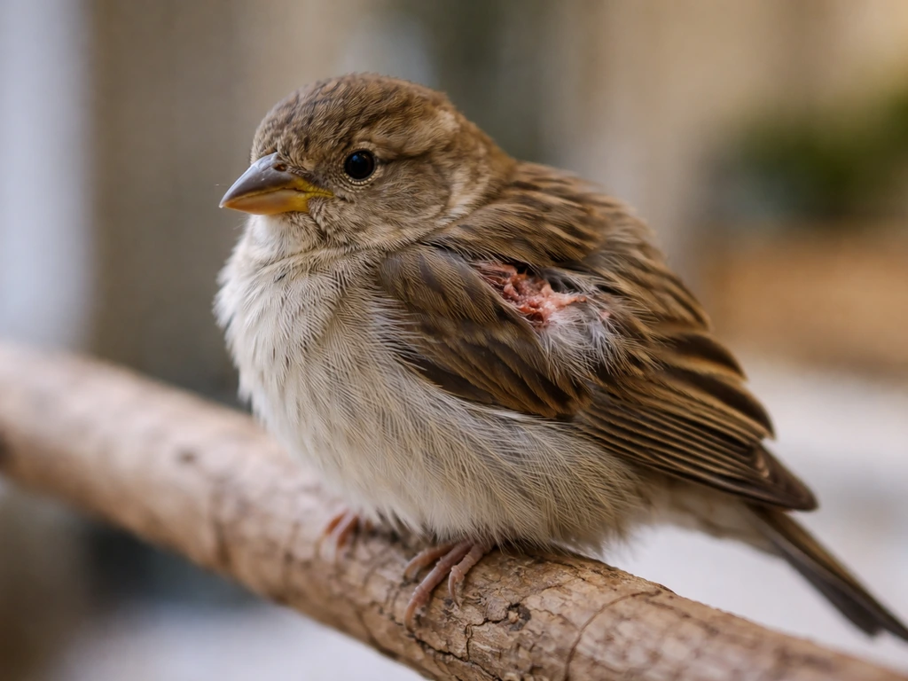 Small bird on a wooden branch with minor scratch and puncture wounds near the wing feathers.