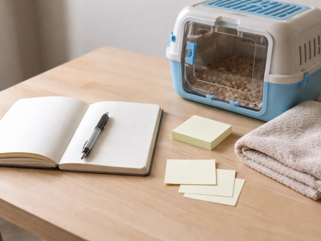 Notebook, pen, towel, and a bird transport carrier prepared for calling a vet or rehab center.