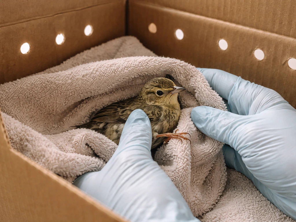 Small bird gently wrapped in a towel-lined ventilated box, injured leg supported to limit thrashing.