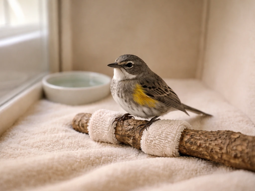 Small bird resting comfortably on a branch in a clean padded recovery enclosure.