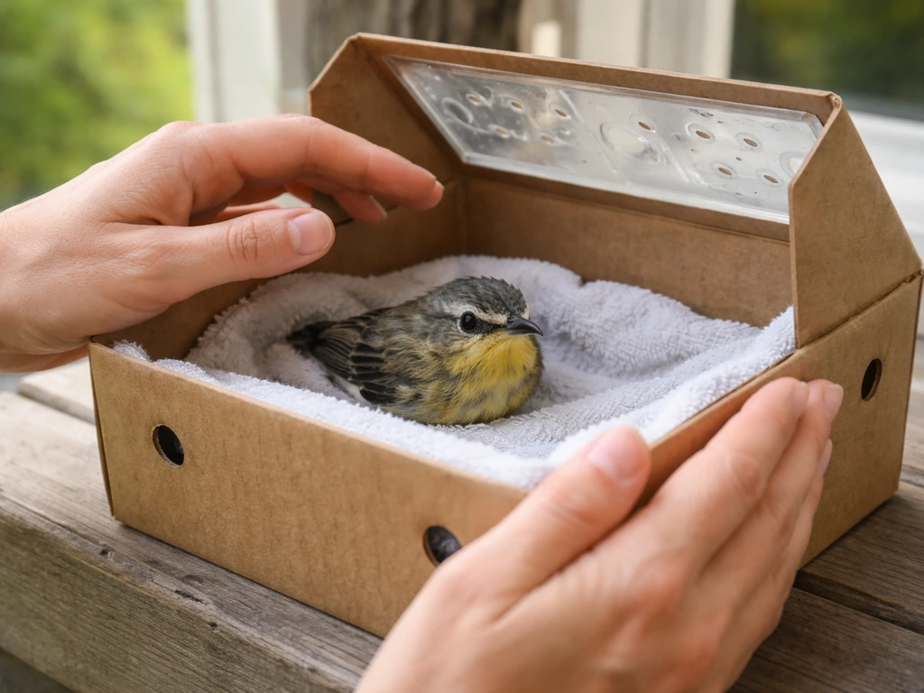 Outdoor scene: a person gently monitors a window-hit bird in a box while preparing immediate help.