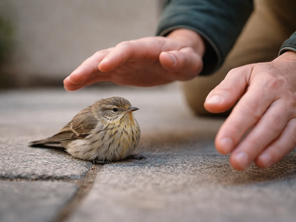 Cautious person observing a stunned window-hit bird from a distance on a safe surface outdoors.