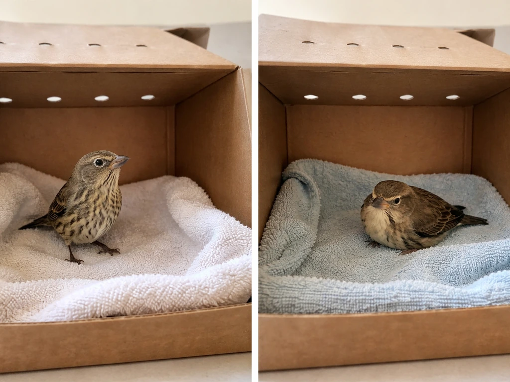 Two-panel style photo: an alert bird in a covered box versus an unresponsive, dazed bird inside another box.