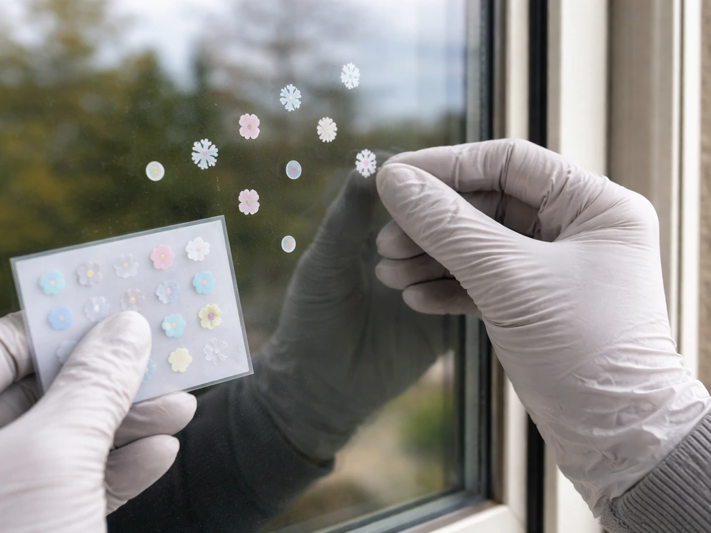 Hands applying small bird-safe markers to an exterior glass window pane