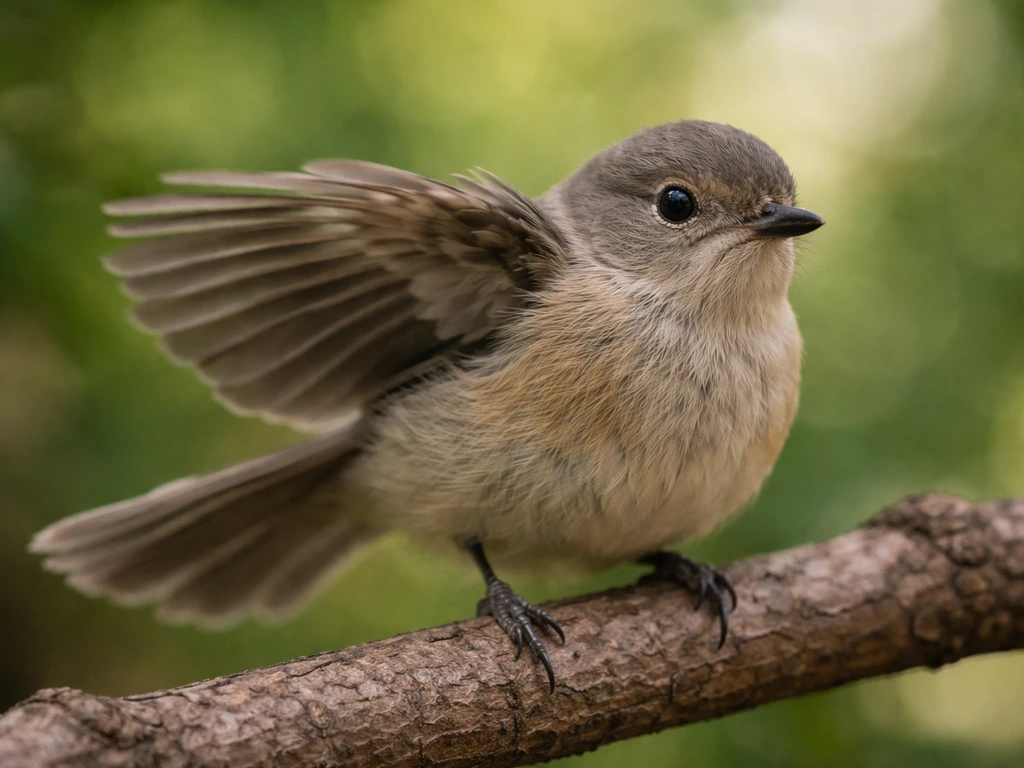 Small songbird resting with wings partially spread, feather tips visible, outdoors in soft natural light