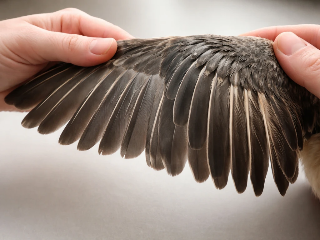 Bird wing showing clipped feathers on one side and regrowing feathers pushing through on the other.