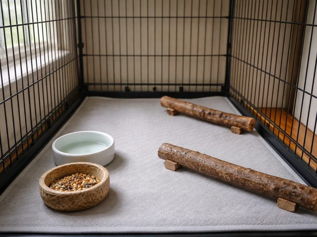 A small ventilated recovery enclosure with low perches and a non-slip floor for a clipped bird