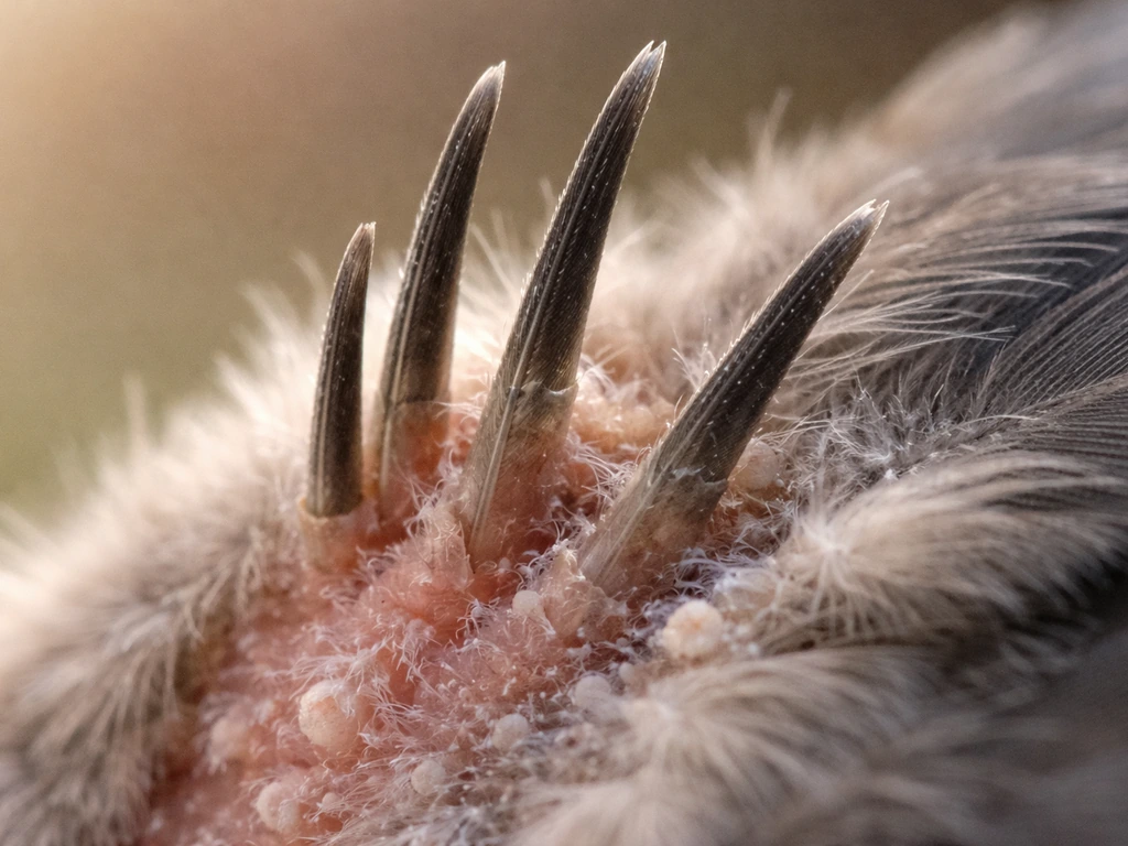 Close-up of delicate pin feathers with dark shafts emerging at the wing tip during regrowth.