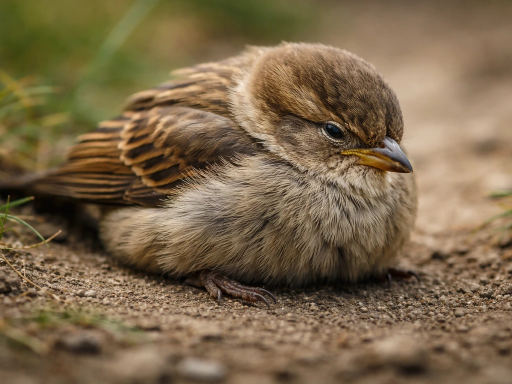 Close-up of a small wild bird showing puffed feathers, hunched posture, and half-closed eyes on a quiet ground surface.