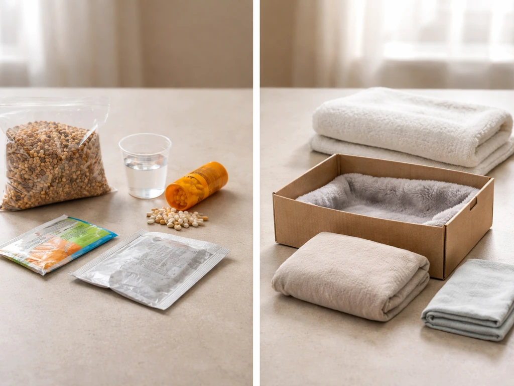 Close-up of a simple checklist-style scene with safe items for an injured bird: warm towel and quiet dark box