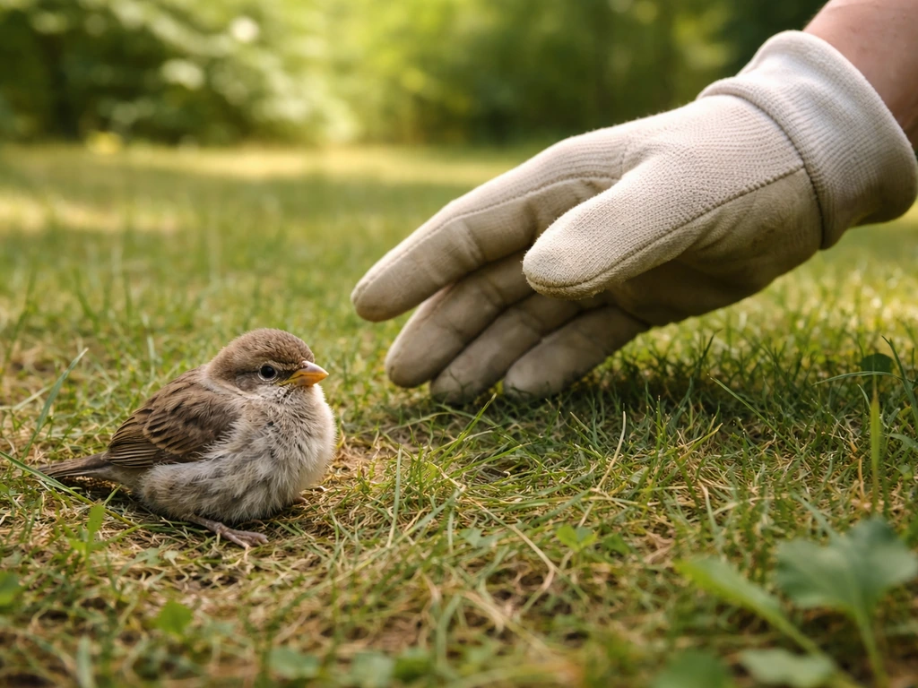 A small wild bird resting on grass beside a gloved hand ready to help.