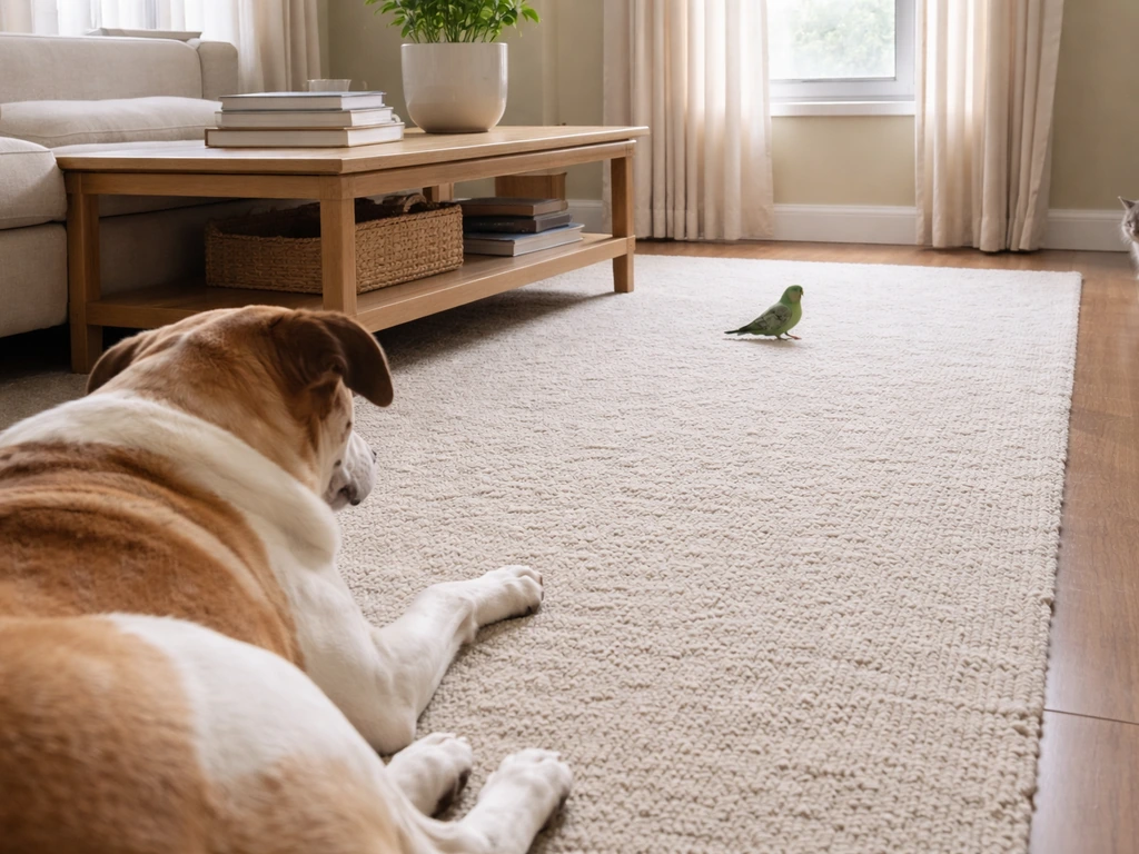 Calm pet dog indoors as a small pet bird rests on the floor in the background, showing safe distance.