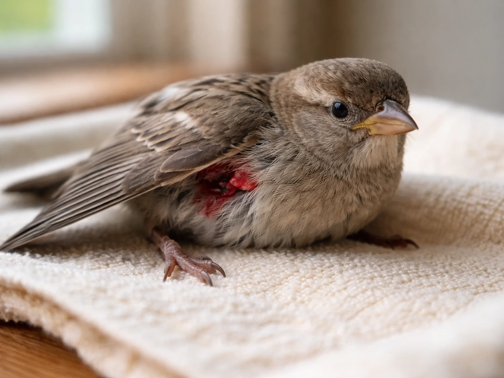 Close-up of an injured wild bird with a bleeding wound and a drooping wing, unable to stand upright.