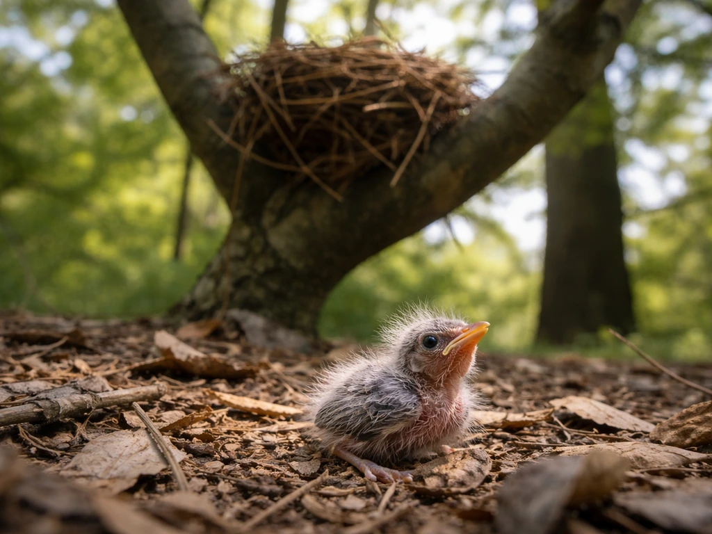 Barely-feathered nestling on the ground with a nearby tree nest visible above.