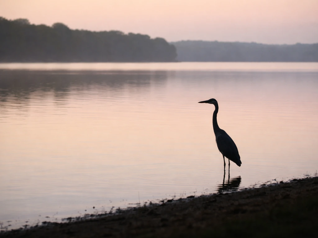 Distant heron silhouette standing very still at the lake edge with long legs and upright neck.
