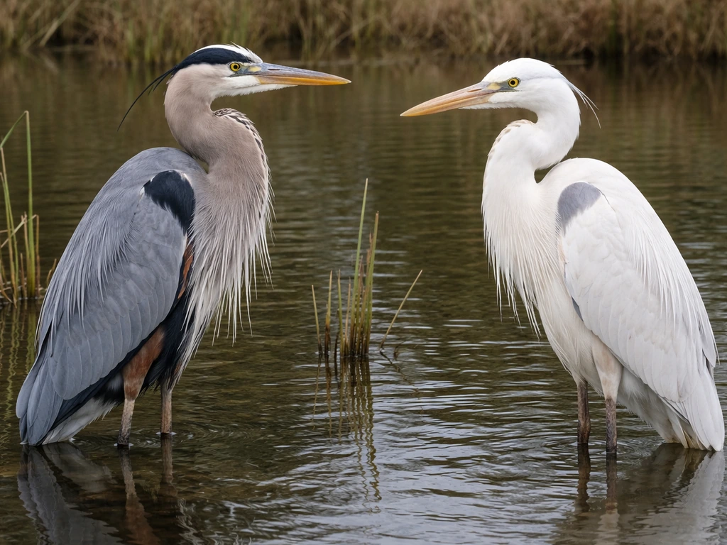Two herons side-by-side—blue-gray with orange neck vs pale/white plumage in shallow wetland water.