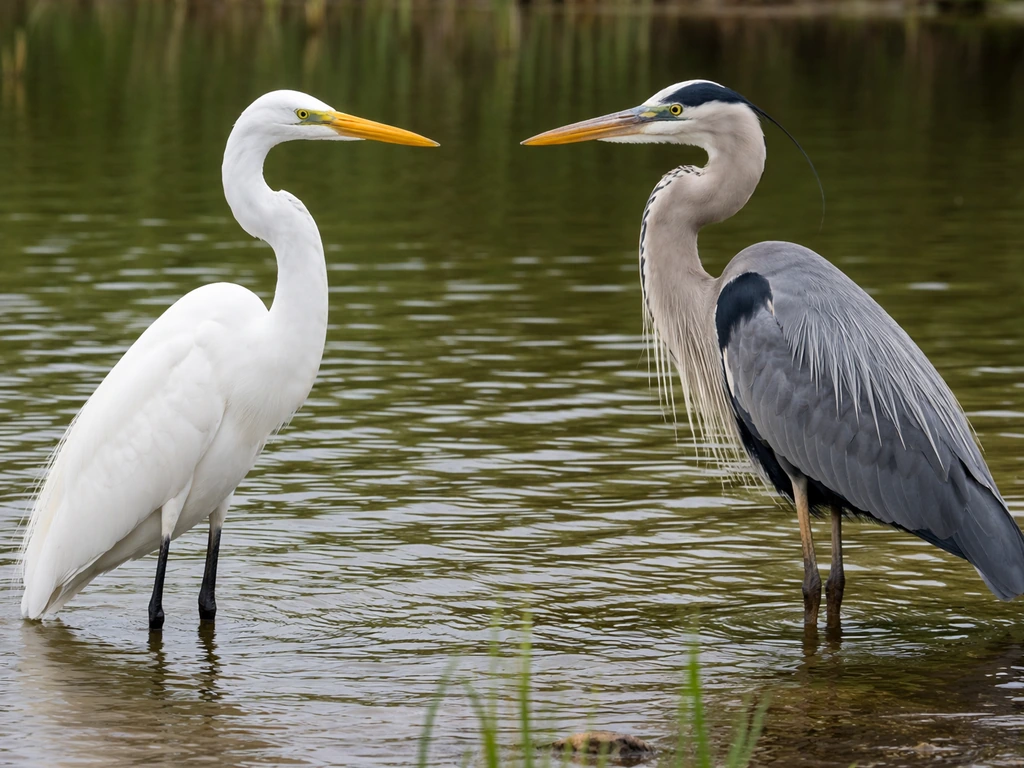 A Great Egret and a Great Blue Heron standing side by side in shallow water, showing differing bills and necks.