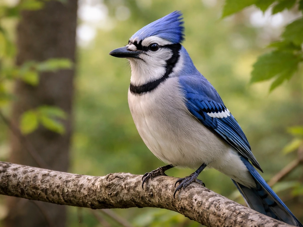 Close-up of a blue jay perched on a branch, showing crest, mask, white wingbar, and necklace markings.