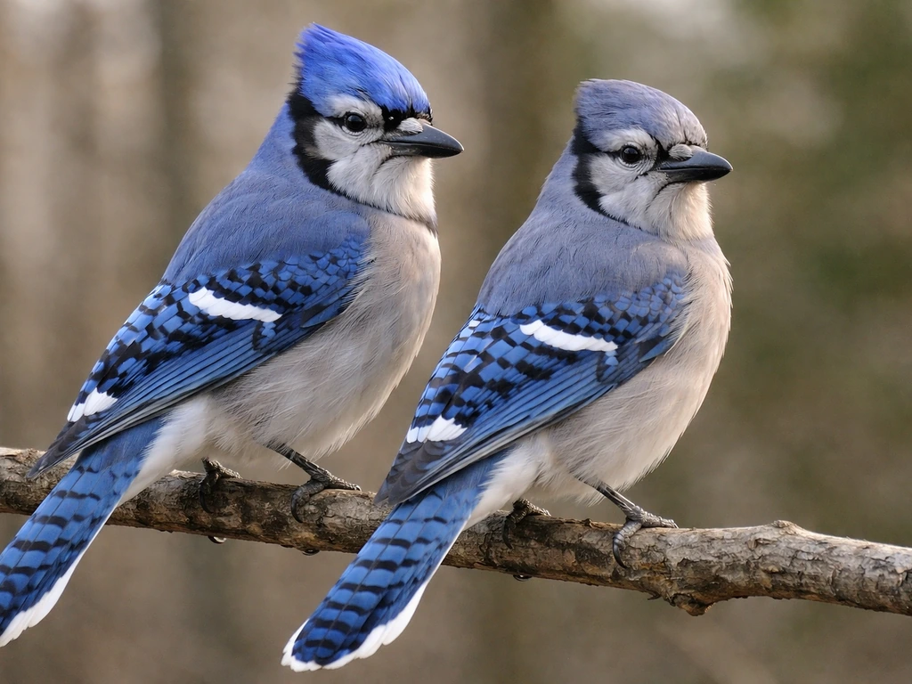 Two blue jays on a branch, one slightly brighter and one subtly more muted, side-by-side comparison.