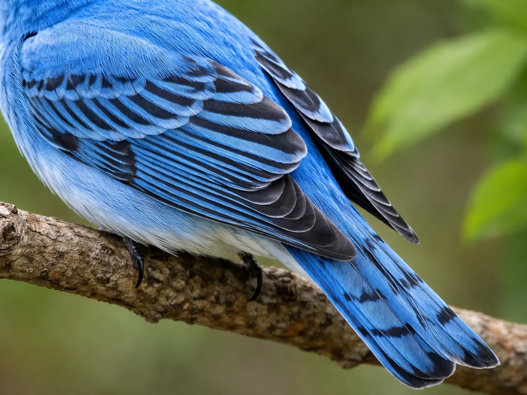 Close-up of a blue bird’s wings and long tail showing crisp black barring stripes