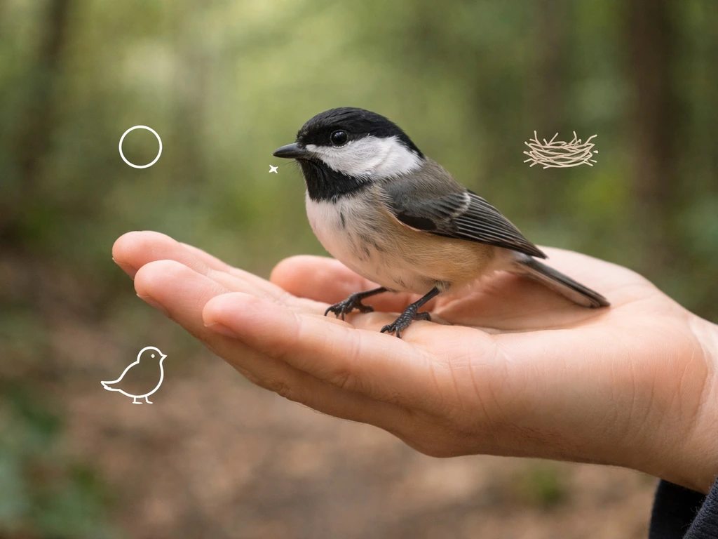 Hands gently holding a small bird with simple icon cues for size, shape, beak, and habitat.