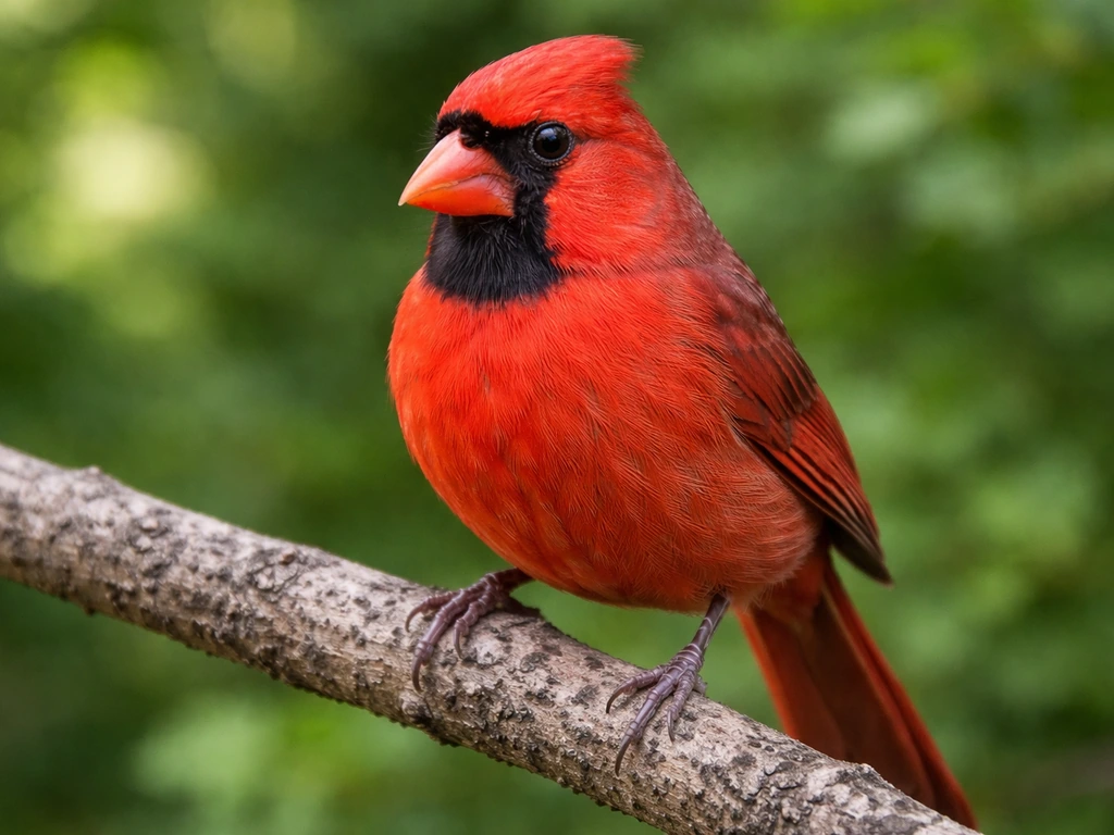 Close-up of a male Northern Cardinal with vivid red plumage and a black face mask perched on a branch.