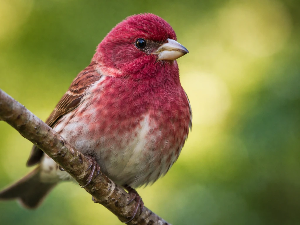 Close-up of a male purple finch perched in natural light, showing rich wine-red coloring on head and back