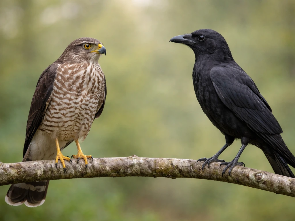 Two raptors—one hawk-like and one crow-like—perched side-by-side showing stocky chest and rounded head silhouette