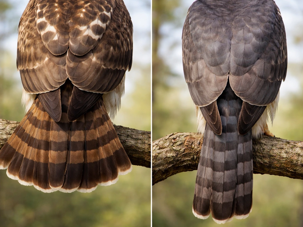 Side-by-side photo showing a short fan-shaped buteo tail versus a longer accipiter-style tail.
