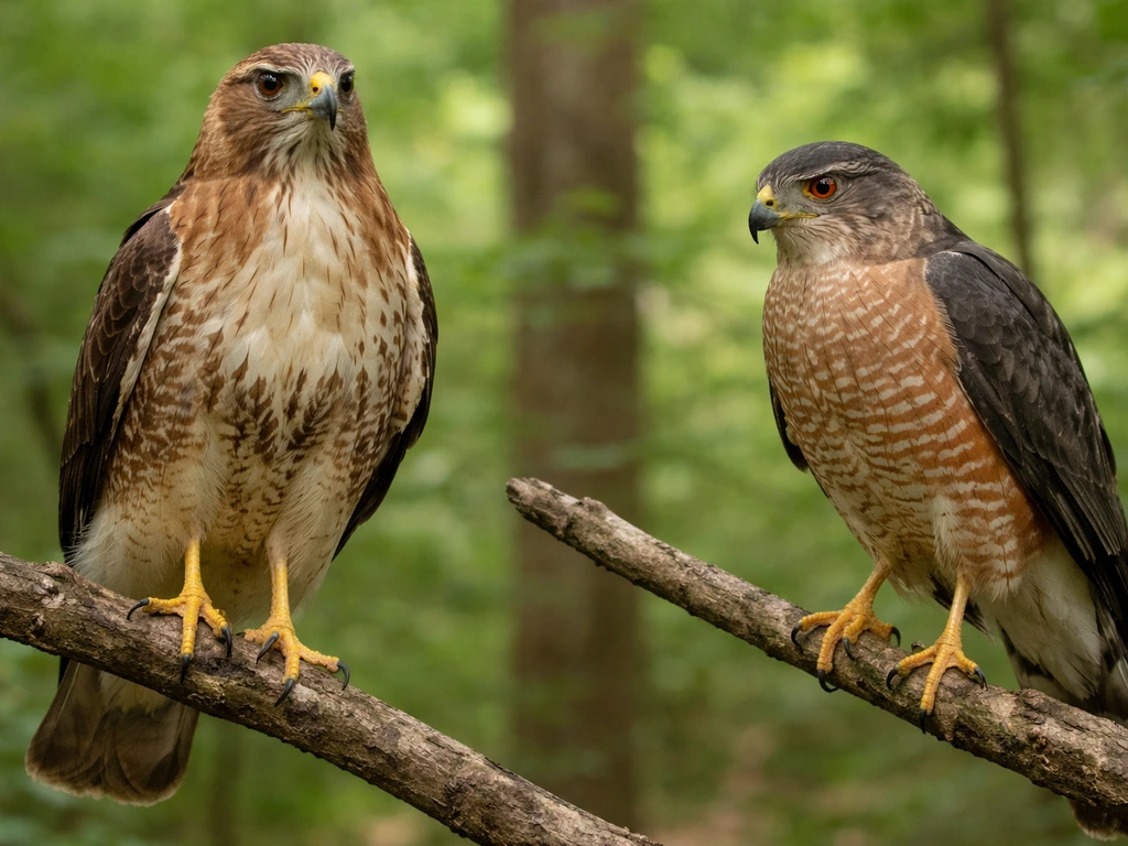 Two hawks on branches showing different alert versus slightly hunched posture in a quiet forest.