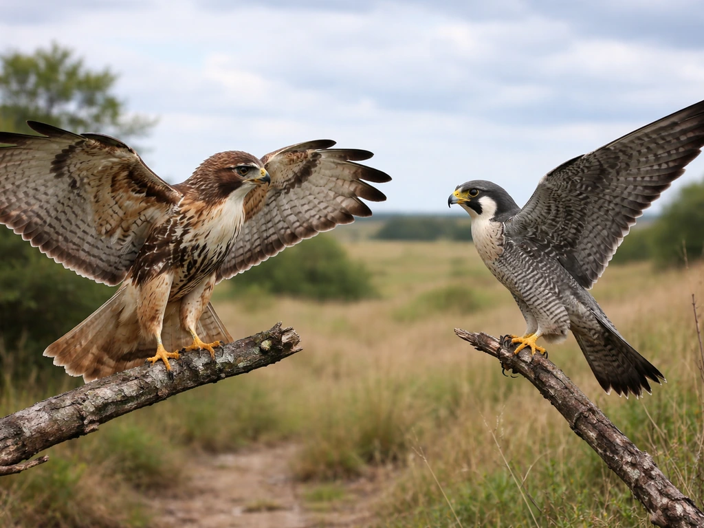 Two perched birds showing contrasting wing shapes: rounded hawk wings vs pointed, swept-back falcon wings.