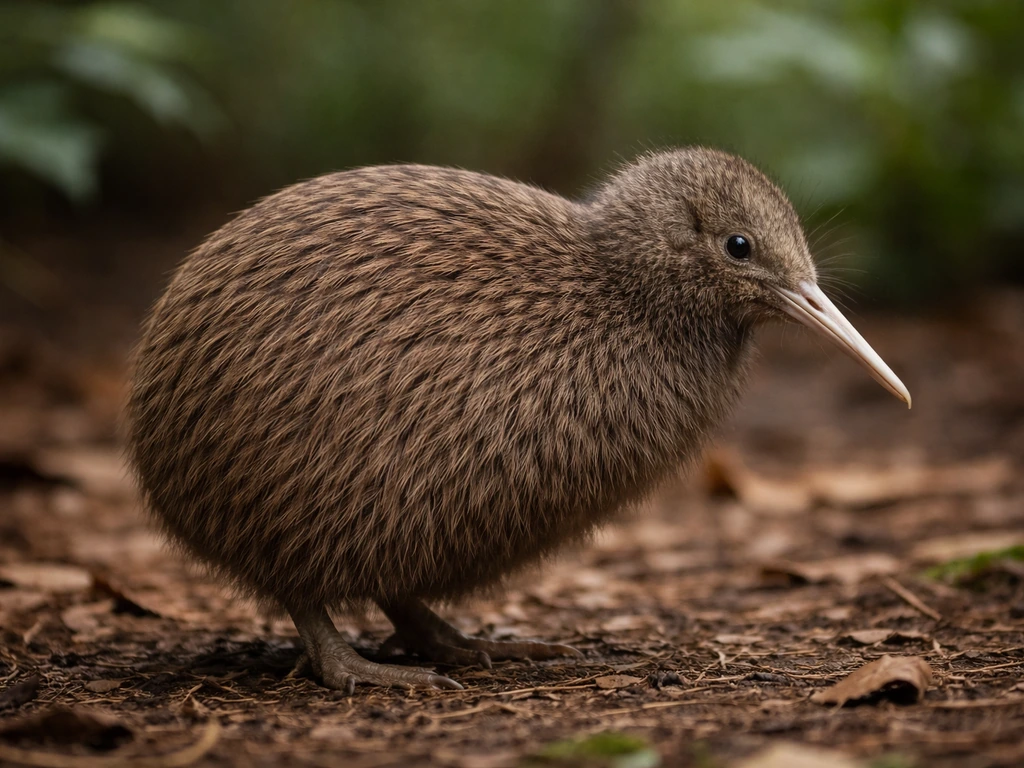 Side view of a kiwi with a rounded pear-shaped body, small head, and nearly hidden wings