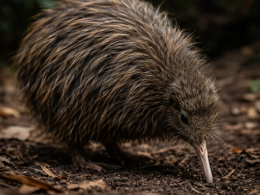 Ground-level close-up of a kiwi’s shaggy brown-to-charcoal grey filamentous feathers on forest soil.
