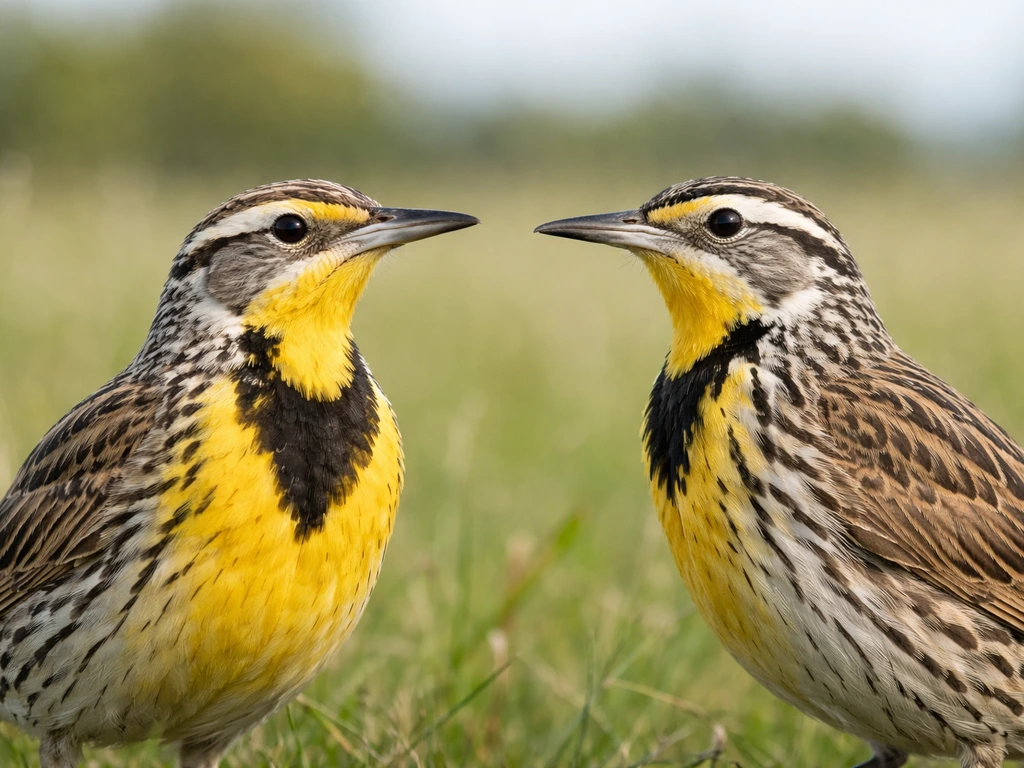 Side-by-side meadowlarks perched in grassland, showing contrasting facial/head patterns.