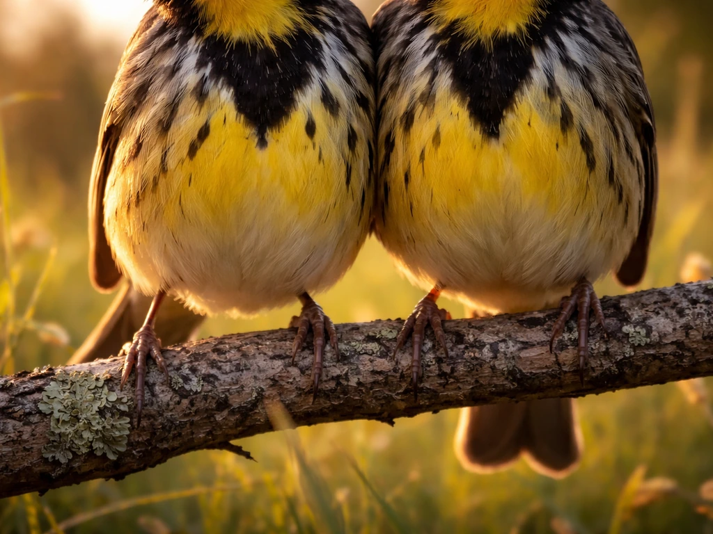 Close-up of a yellow underside with streaking and a distinct black V marking on a perched bird.
