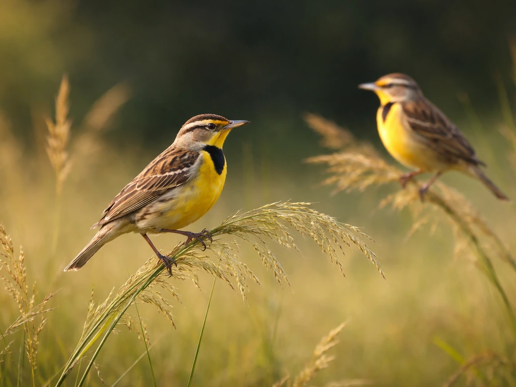 Two similar yellow-brown birds perched in a quiet meadow, showing contrasting field marks in soft light.