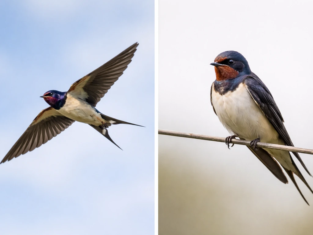 Split view: swallow flying with forked tail on left, perched on a wire with colored throat and rump on right.