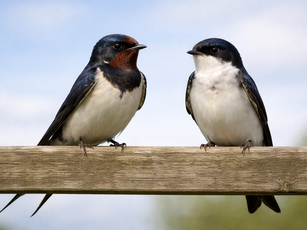 Two small aerial birds perched side-by-side, highlighting tail shape and throat/breast differences