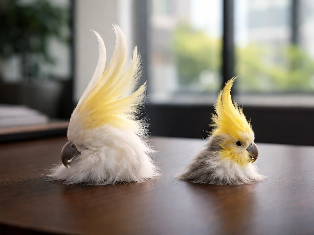 Two side-by-side crest-and-beak-shaped feather displays on a table, evoking cockatoo vs cockatiel comparison.