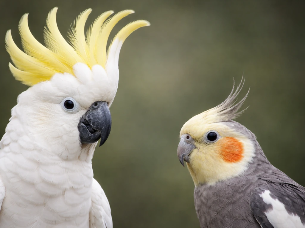 Close-up side-by-side of a cockatoo and cockatiel showing raised crest shapes and curved beaks