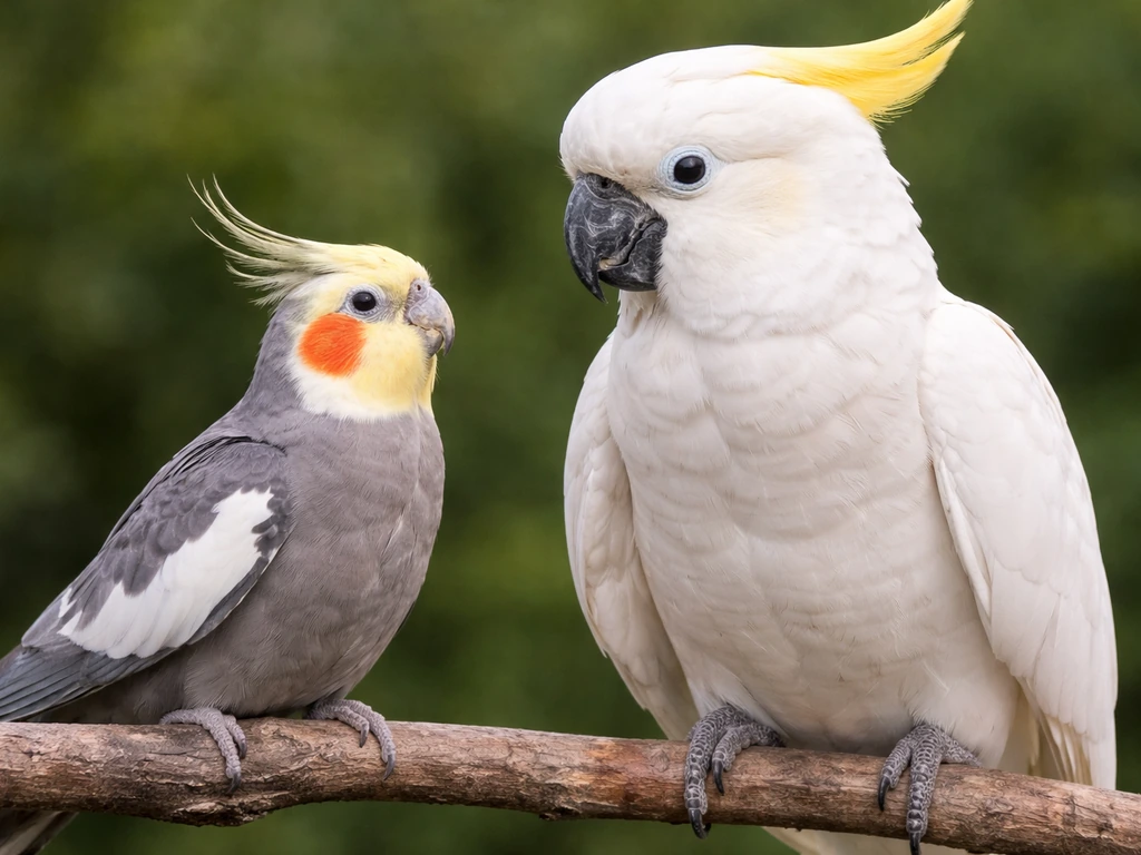 Cockatiel and larger cockatoo perched side-by-side, highlighting cockatiel’s white wing flashes and smaller size.