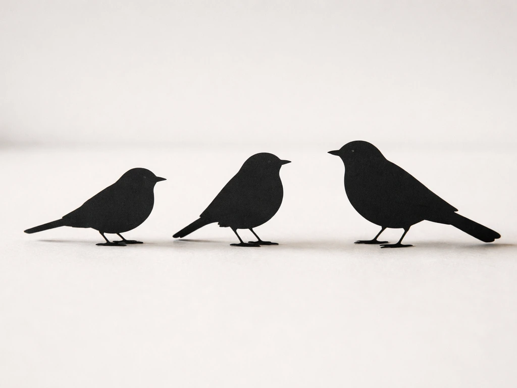 Matte black cutout silhouettes on a tabletop showing a robin-sized bird silhouette compared to others.