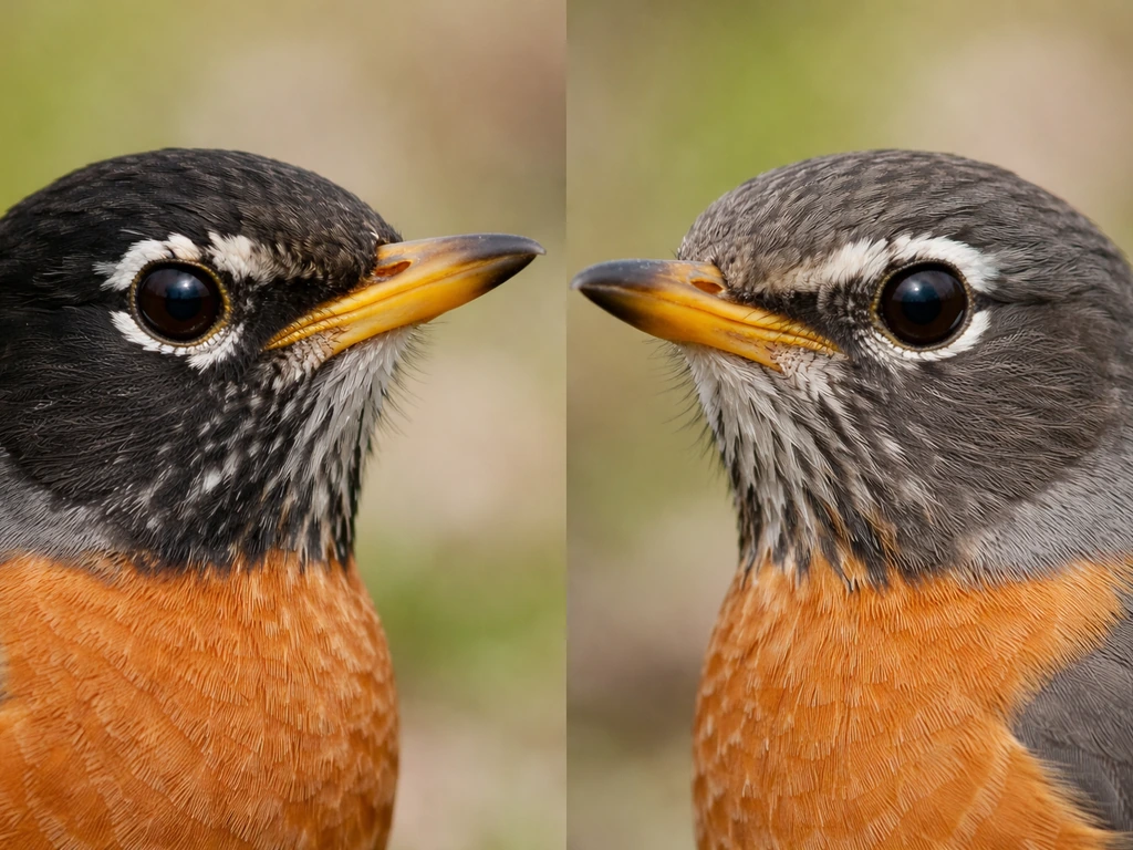 Close-up of a robin head showing male-like and female-like tones with emphasis on eye arcs and crown color