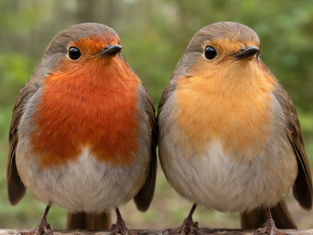 Top-down view of two small birds showing darker red-orange breast/belly versus lighter peachy-orange breast/belly.